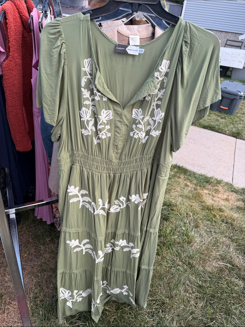 Embroidered Olive Green Maxi Dress with White Floral Accents